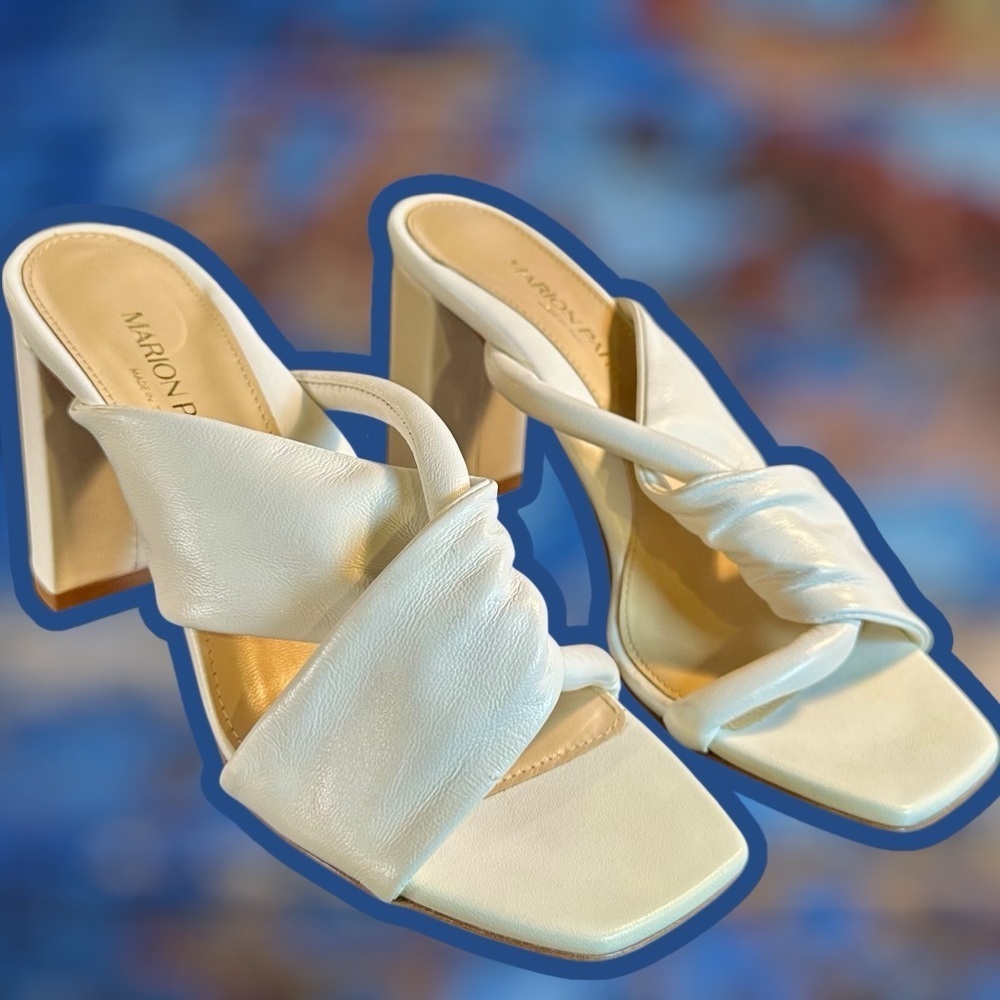 NWT Marion Parke ‘Paola 85’ Block Heel Sandals in Ivory Nappa Leather Size 5.5